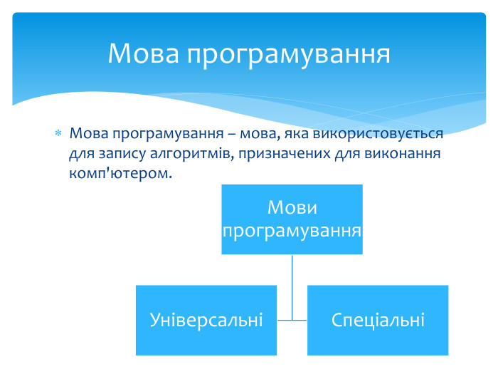 Мова програмування – мова, яка використовується для запису алгоритмів, призначених для виконання комп'ютером. Мова програмування
