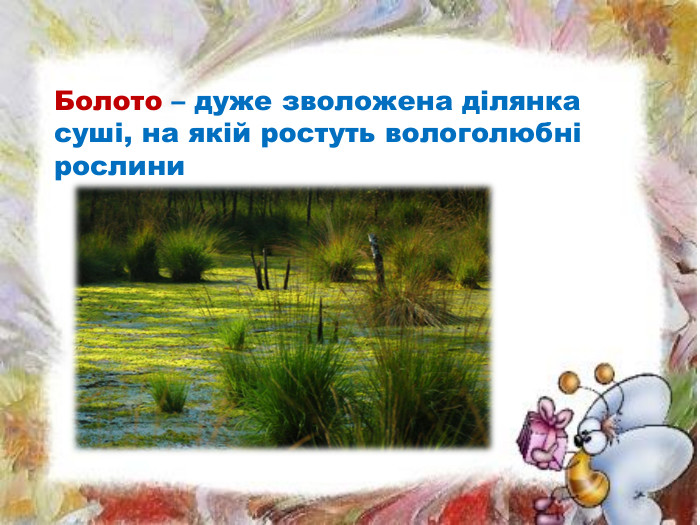 Болото – дуже зволожена ділянка суші, на якій ростуть вологолюбні рослини 