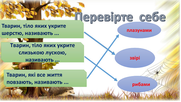 Перевірте себе. Тварин, які все життя повзають, називають ... Тварин, тіло яких укрите слизькою лускою, називають ... Тварин, тіло яких укрите шерстю, називають ... плазунамизвірірибами