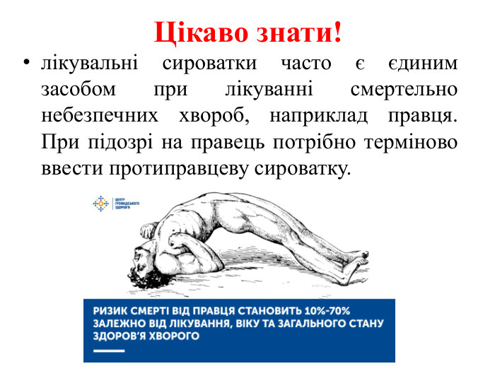 Цікаво знати!лікувальні сироватки часто є єдиним засобом при лікуванні смертельно небезпечних хвороб, наприклад правця. При підозрі на правець потрібно терміново ввести протиправцеву сироватку.