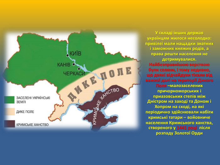 У складі інших держав українцям жилося несолодко: привілеї мали нащадки знатних і заможних княжих родів, а права решти населення не дотримувалися. Найбезправнішою верствою були селяни, і тому недивно, що деякі відчайдухи тікали від важкої долі на території Дикого Поля –малозаселених причорноморських і приазовських степів між Дністром на заході та Доном і Хопром на сході, на які періодично здійснювали набіги кримські татари – войовниче населення Кримського ханства, створеного у 1441 році після розпаду Золотої Орди 