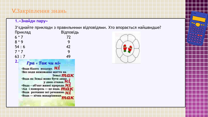  V. Закріплення знань. C1.«Знайди пару»З‘єднайте приклади з правильними відповідями. Хто впорається найшвидше?Приклад Відповідь6 * 7 728 * 9 954 : 6 427 * 7 963 : 7 492. Гра « Так чи Ні» 