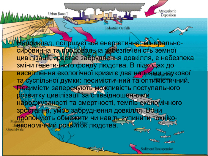 Наприклад, погіршується енергетична, мінерально-сировинна та продовольча забезпеченість земної цивілізації, зростає забруднення довкілля, є небезпека зміни генетичного фонду людства. В підходах до висвітлення екологічної кризи є два напрями наукової та суспільної думки: песимістичний та оптимістичний. Песимісти заперечують можливість поступального розвитку цивілізації за співвідношеннями народжуваності та смертності, темпів економічного зростання, умов забруднення довкілля. Вони пропонують обмежити чи навіть зупинити техніко-економічний розвиток людства.   