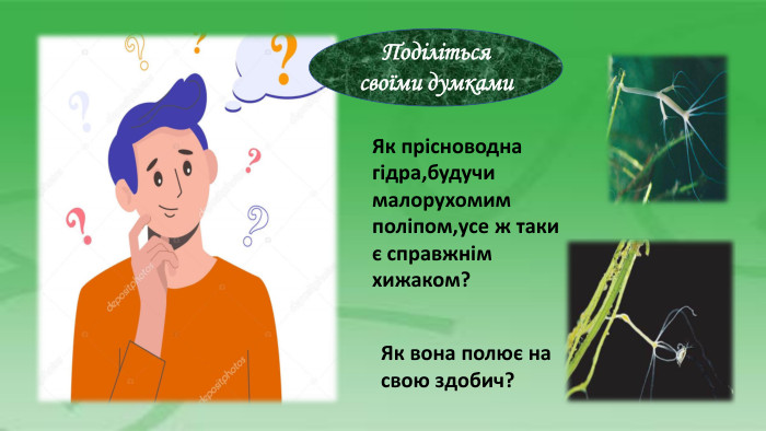 Поділіться своїми думками. Як прісноводнагідра,будучи малорухомим поліпом,усе ж такиє справжнім хижаком?Як вона полює на свою здобич?