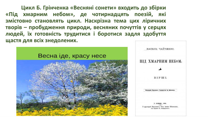 	Цикл Б. Грінченка «Весняні сонети» входить до збірки «Під хмарним небом», де чотирнадцять поезій, які змістовно становлять цикл. Наскрізна тема цих ліричних творів – пробудження природи, весняних почуттів у серцях людей, їх готовність трудитися і боротися задля здобуття щастя для всіх знедолених.