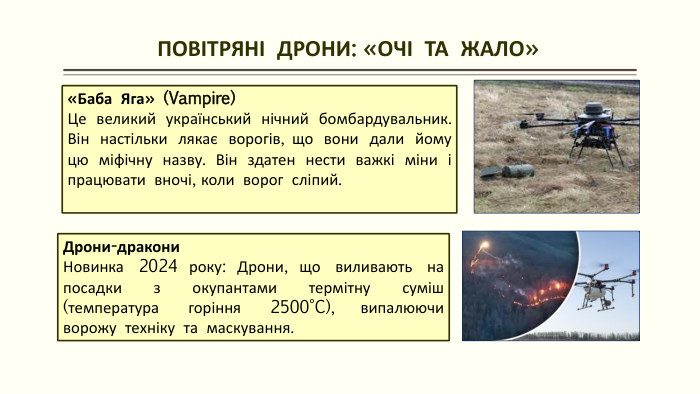  ПОВІТРЯНІ ДРОНИ: «ОЧІ ТА ЖАЛО»«Баба Яга» (Vampire)Це великий український нічний бомбардувальник. Він настільки лякає ворогів, що вони дали йому цю міфічну назву. Він здатен нести важкі міни і працювати вночі, коли ворог сліпий. Дрони-дракони. Новинка 2024 року: Дрони, що виливають на посадки з окупантами термітну суміш (температура горіння 2500°C), випалюючи ворожу техніку та маскування.