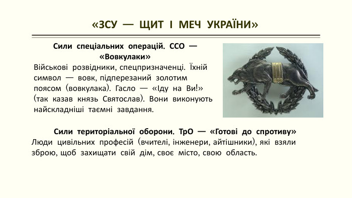  «ЗСУ — ЩИТ І МЕЧ УКРАЇНИ»Сили спеціальних операцій. ССО — «Вовкулаки»Військові розвідники, спецпризначенці. Їхній символ — вовк, підперезаний золотим поясом (вовкулака). Гасло — «Іду на Ви!» (так казав князь Святослав). Вони виконують найскладніші таємні завдання. Сили територіальної оборони. Тр. О — «Готові до спротиву»Люди цивільних професій (вчителі, інженери, айтішники), які взяли зброю, щоб захищати свій дім, своє місто, свою область.