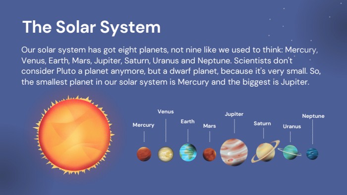 Uranus. Neptune. Our solar system has got eight planets, not nine like we used to think: Mercury, Venus, Earth, Mars, Jupiter, Saturn, Uranus and Neptune. Scientists don't consider Pluto a planet anymore, but a dwarf planet, because it's very small. So, the smallest planet in our solar system is Mercury and the biggest is Jupiter. Mercury. Venus. Earth. Mars. Jupiter. Saturn. The Solar System