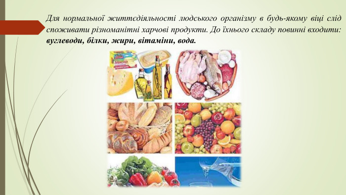 Для нормальної життєдіяльності людського організму в будь-якому віці слід споживати різноманітні харчові продукти. До їхнього складу повинні входити: вуглеводи, білки, жири, вітаміни, вода. 
