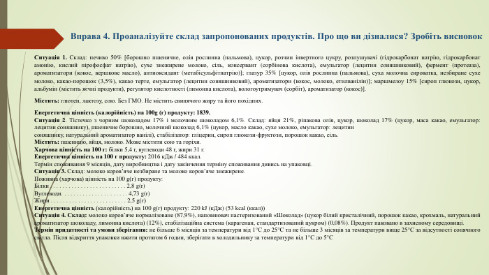 Вправа 4. Проаналізуйте склад запропонованих продуктів. Про що ви дізналися? Зробіть висновок. Ситуація 1. Склад: печиво 50% [борошно пшеничне, олія рослинна (пальмова), цукор, розчин інвертного цукру, розпушувачі (гідрокарбонат натрію, гідрокарбонат амонію, кислий пірофосфат натрію), сухе знежирене молоко, сіль, консервант (сорбінова кислота), емульгатор (лецитин соняшниковий), фермент (протеаза), ароматизатори (кокос, вершкове масло), антиоксидант (метабісульфітнатрію)]; глазур 35% [цукор, олія рослинна (пальмова), суха молочна сироватка, незбиране сухе молоко, какао-порошок (3,5%), какао терте, емульгатор (лецитин соняшниковий), ароматизатори (кокос, молоко, етилванілін)]; маршмелоу 15% [сироп глюкози, цукор, альбумін (містить яєчні продукти), регулятор кислотності (лимонна кислота), вологоутримувач (сорбіт), ароматизатор (кокос)]. Містить: глютен, лактозу, сою. Без ГМО. Не містить свинячого жиру та його похідних. Енергетична цінність (калорійність) на 100g (г) продукту: 1839. Ситуація 2. Тістечко з чорним шоколадом 17% і молочним шоколадом 6,1%. Склад: яйця 21%, ріпакова олія, цукор, шоколад 17% (цукор, маса какао, емульгатор: лецитин соняшнику), пшеничне борошно, молочний шоколад 6,1% (цукор, масло какао, сухе молоко, емульгатор: лецитинсоняшнику, натуральний ароматизатор ванілі), стабілізатор: гліцерин, сироп глюкози-фруктози, порошок какао, сіль. Містить: пшеницю, яйця, молоко. Може містити сою та горіхи. Харчова цінність на 100 г: білки 5,4 г, вуглеводи 48 г, жири 31 г. Енергетична цінність на 100 г продукту: 2016 к. Дж / 484 ккал. Термін споживання 9 місяців, дату виробництва і дату закінчення терміну споживання дивись на упаковці. Ситуація 3. Склад: молоко коров’яче незбиране та молоко коров’яче знежирене. Поживна (харчова) цінність на 100 g(г) продукту: Білки . . . . . . . . . . . . . . . . . . . . . . . . . 2,8 g(r)Вуглеводи. . . . . . . . . . . . . . . . . . . . . . 4,73 g(r)Жири . . . . . . . . . . . . . . . . . . . . . . . . . 2,5 g(г)Енергетична цінність (калорійність) на 100 g(г) продукту: 220 k. J (к. Дж) (53 kcal (ккал))Ситуація 4. Склад: молоко коров’яче нормалізоване (87,9%), наповнювач пастеризований «Шоколад» (цукор білий кристалічний, порошок какао, крохмаль, натуральний ароматизатор шоколаду, лимонна кислота) (12%), стабілізаційна система (карагенан, стандартизований цукром) (0,08%). Продукт паковано в захисному середовищі. Термін придатності та умови зберігання: не більше 6 місяців за температури від 1°С до 25°С та не більше 3 місяців за температури вище 25°С за відсутності сонячного світла. Після відкриття упаковки вжити протягом 6 годин, зберігати в холодильнику за температури від 1°С до 5°С