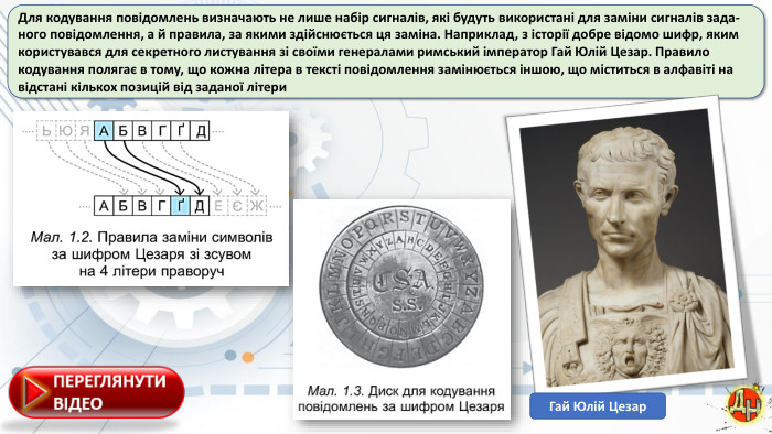 Для кодування повідомлень визначають не лише набір сигналів, які будуть використані для заміни сигналів зада-ного повідомлення, а й правила, за якими здійснюється ця заміна. Наприклад, з історії добре відомо шифр, яким користувався для секретного листування зі своїми генералами римський імператор Гай Юлій Цезар. Правило кодування полягає в тому, що кожна літера в тексті повідомлення замінюється іншою, що міститься в алфавіті на відстані кількох позицій від заданої літери. Гай Юлій Цезар