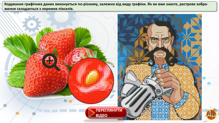 Кодування графічних даних виконується по-різному, залежно від виду графіки. Як ви вже знаєте, растрове зобра-ження складається з окремих пікселів. 