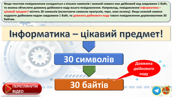 Якщо текстове повідомлення складається з кількох символів і кожний символ має двійковий код завдовжки 1 байт, то можна обчислити довжину двійкового коду всього повідомлення. Наприклад, повідомлення Інформатика – цікавий предмет! містить 30 символів (включаючи символи пропусків, тире, знак оклику). Якщо кожний символ кодувати двійковим кодом завдовжки 1 байт, то довжина двійкового коду такого повідомлення дорівнюватиме 30 байтам.Інформатика – цікавий предмет!30 символів30 байтів. Довжина двійкового коду