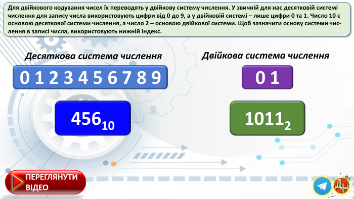 Для двійкового кодування чисел їх переводять у двійкову систему числення. У звичній для нас десятковій системі числення для запису числа використовують цифри від 0 до 9, а у двійковій системі – лише цифри 0 та 1. Число 10 є основою десяткової системи числення, а число 2 – основою двійкової системи. Щоб зазначити основу системи чис-лення в записі числа, використовують нижній індекс. Десяткова система числення0 1 2 3 4 5 6 7 8 9 Двійкова система числення0 14561010112