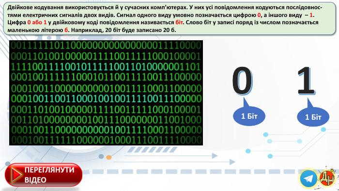 Двійкове кодування використовується й у сучасних комп’ютерах. У них усі повідомлення кодуються послідовнос-тями електричних сигналів двох видів. Сигнал одного виду умовно позначається цифрою 0, а іншого виду – 1. Цифра 0 або 1 у двійковому коді повідомлення називається біт. Слово біт у записі поряд із числом позначається маленькою літерою б. Наприклад, 20 біт буде записано 20 б.011 Біт1 Біт