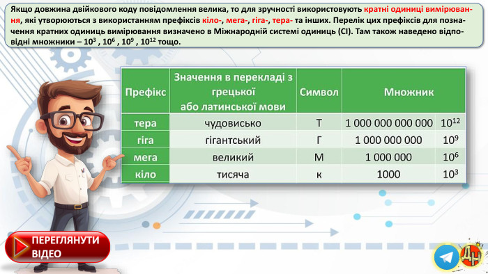 Якщо довжина двійкового коду повідомлення велика, то для зручності використовують кратні одиниці вимірюван-ня, які утворюються з використанням префіксів кіло-, мега-, гіга-, тера- та інших. Перелік цих префіксів для позна-чення кратних одиниць вимірювання визначено в Міжнародній системі одиниць (СІ). Там також наведено відпо-відні множники – 103 , 106 , 109 , 1012 тощо.