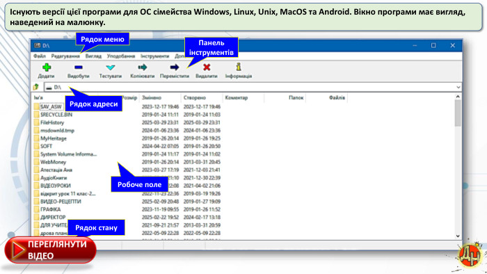 Існують версії цієї програми для ОС сімейства Windows, Linux, Unix, Mac. OS та Android. Вікно програми має вигляд, наведений на малюнку. Рядок меню. Панель інструментів. Рядок адреси. Робоче поле. Рядок стану