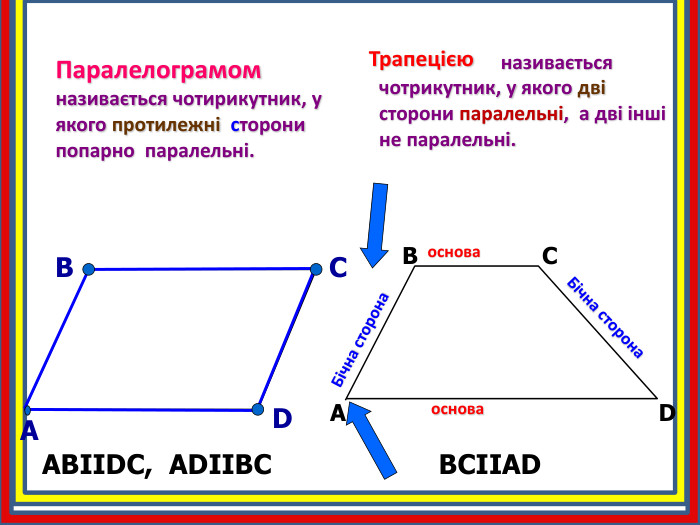 AВСDосноваоснова. Бічна сторона. Бічна сторона називається чотрикутник, у якого дві сторони паралельні, а дві інші не паралельні. ВАСDАВIIDС, ADIIBC ВСIIАD Трапецією. Паралелограмом називається чотирикутник, у якого протилежні сторони попарно паралельні.