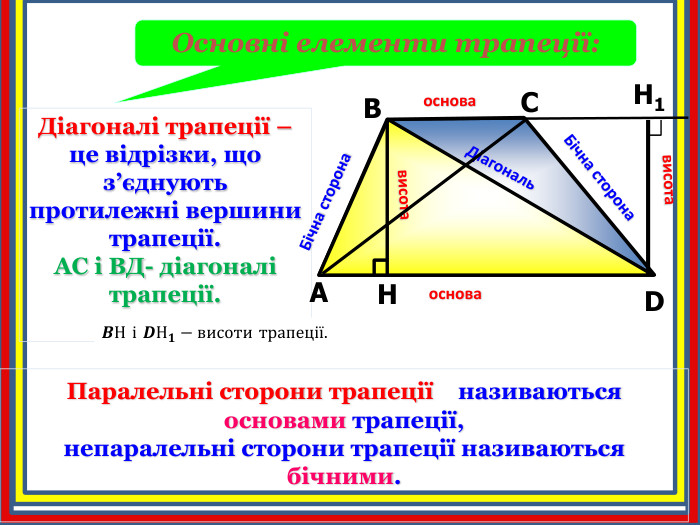 Діагоналі трапеції – це відрізки, що з’єднують протилежні вершини трапеції. АС і ВД- діагоналі трапеції. АСDВH1𝑩Н і 𝑫Н𝟏−висоти трапеції. Основні елементи трапеції: Бічна сторона. Бічна сторонаосноваоснова. Hвисотависота. Діагональ. Паралельні сторони трапеції називаються основами трапеції, непаралельні сторони трапеції називаються бічними. 