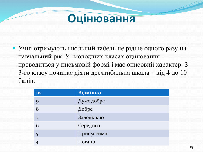 Оцінювання. Учні отримують шкільний табель не рідше одного разу на навчальний рік. У молодших класах оцінювання проводиться у письмовій формі і має описовий характер. З 3-го класу починає діяти десятибальна шкала – від 4 до 10 балів.15{5 C22544 A-7 EE6-4342-B048-85 BDC9 FD1 C3 A}10 Відмінно 9 Дуже добре8 Добре 7 Задовільно 6 Середньо 5 Припустимо 4 Погано 