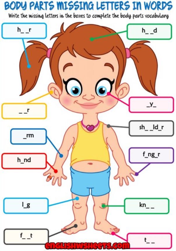 A fun missing letters in words printable ESL exercise worksheet for kids to study and practise body parts vocabulary. Look at the picture and write the missing letters in words. Simple and useful for teaching and learning spelling.