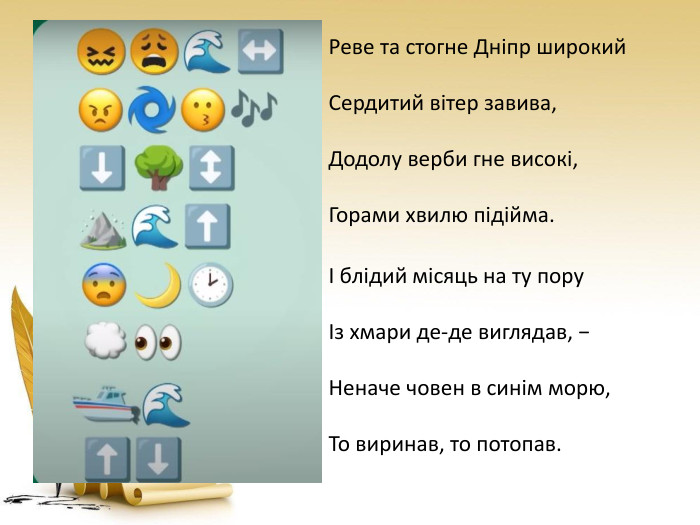 Реве та стогне Дніпр широкий. Сердитий вітер завива,Додолу верби гне високі,Горами хвилю підійма.І блідий місяць на ту поруІз хмари де-де виглядав, −Неначе човен в синім морю,То виринав, то потопав.