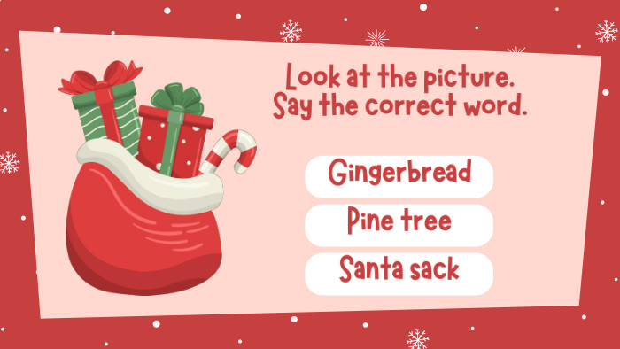Look at the picture. Say the correct word. Gingerbread. Pine tree. Santa sack