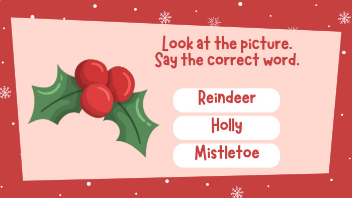Look at the picture. Say the correct word. Reindeer. Holly. Mistletoe