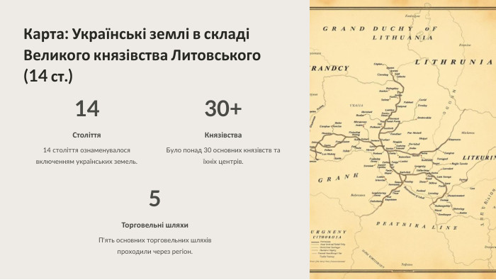  Карта: Українські землі в складі Великого князівства Литовського (14 ст.)14 Століття14 століття ознаменувалося включенням українських земель.30+Князівства. Було понад 30 основних князівств та їхніх центрів.5 Торговельні шляхи. П'ять основних торговельних шляхів проходили через регіон.