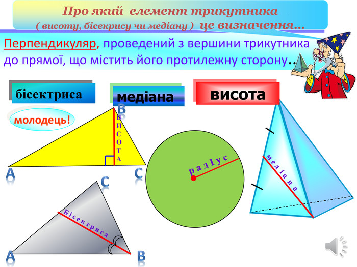  В И С О Т Амедіанабісектрисамолодець!м е д і а н а Б і с е к т р и с а. Перпендикуляр, проведений з вершини трикутника до прямої, що містить його протилежну сторону…висотар а д І у с. Про який елемент трикутника( висоту, бісекрису чи медіану ) це визначення… ССВВаа