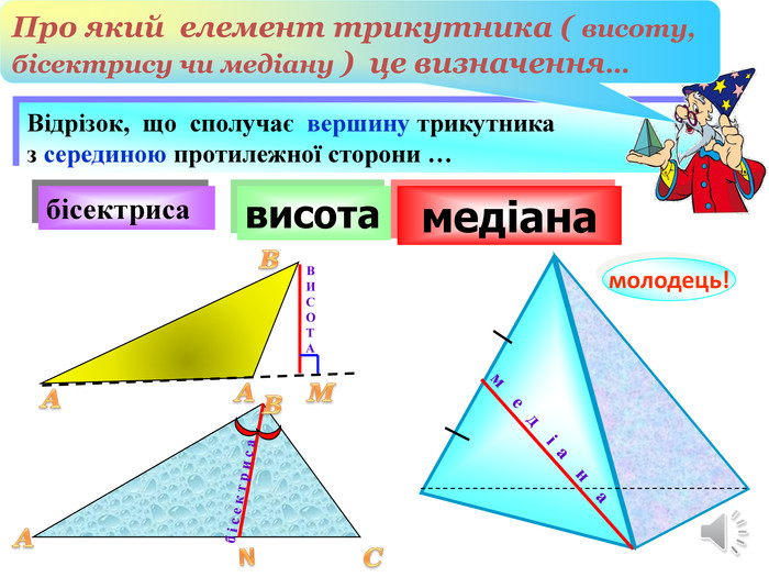 висотабісектрисамолодець!Відрізок, що сполучає вершину трикутниказ серединою протилежної сторони …м е д і а н а б і с е к т р и с а В И С О Т Амедіана. Про який елемент трикутника ( висоту, бісектрису чи медіану ) це визначення… АВАNМСАВ