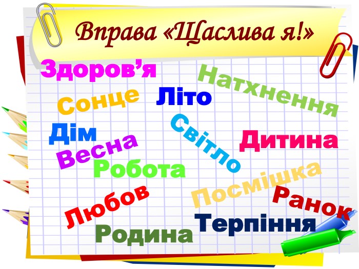 Вправа «Щаслива я!» Сонце Світло Любов Натхнення  Терпіння Посмішка  Весна  Літо Родина Дитина  Робота  Здоров’я  Дім  Ранок 