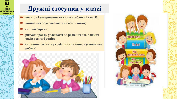  Дружні стосунки у класіпочаток і завершення тижня в особливий спосіб;помічання обдарованостей і обмін ними;спільні справи;ритуал прояву уважності до радісних або важких часів у житті учнів;сприяння розвитку соціальних навичок (командна робота)