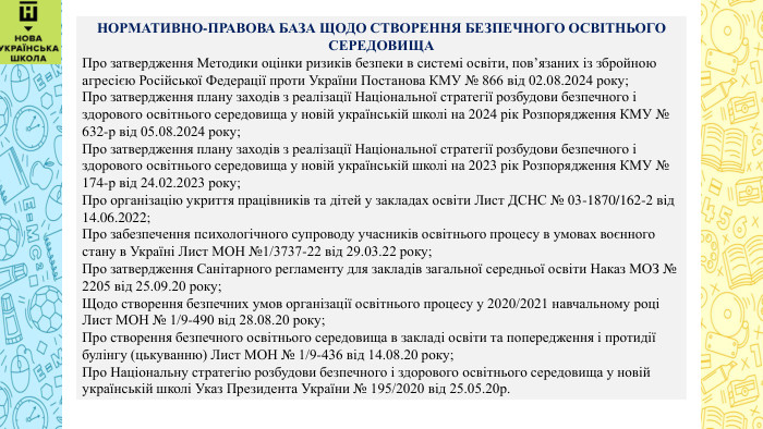  НОРМАТИВНО-ПРАВОВА БАЗА ЩОДО СТВОРЕННЯ БЕЗПЕЧНОГО ОСВІТНЬОГО СЕРЕДОВИЩА Про затвердження Методики оцінки ризиків безпеки в системі освіти, пов’язаних із збройною агресією Російської Федерації проти України Постанова КМУ № 866 від 02.08.2024 року; Про затвердження плану заходів з реалізації Національної стратегії розбудови безпечного і здорового освітнього середовища у новій українській школі на 2024 рік Розпорядження КМУ № 632-р від 05.08.2024 року; Про затвердження плану заходів з реалізації Національної стратегії розбудови безпечного і здорового освітнього середовища у новій українській школі на 2023 рік Розпорядження КМУ № 174-р від 24.02.2023 року; Про організацію укриття працівників та дітей у закладах освіти Лист ДСНС № 03-1870/162-2 від 14.06.2022; Про забезпечення психологічного супроводу учасників освітнього процесу в умовах воєнного стану в Україні Лист МОН №1/3737-22 від 29.03.22 року; Про затвердження Санітарного регламенту для закладів загальної середньої освіти Наказ МОЗ № 2205 від 25.09.20 року; Щодо створення безпечних умов організації освітнього процесу у 2020/2021 навчальному році Лист МОН № 1/9-490 від 28.08.20 року; Про створення безпечного освітнього середовища в закладі освіти та попередження і протидії булінгу (цькуванню) Лист МОН № 1/9-436 від 14.08.20 року; Про Національну стратегію розбудови безпечного і здорового освітнього середовища у новій українській школі Указ Президента України № 195/2020 від 25.05.20р.