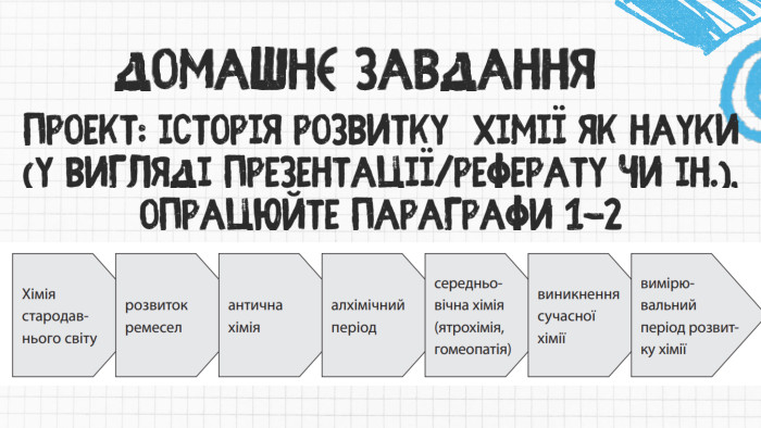 Домашнє завдання. ПРоект: історія розвитку хіміЇ як науки (у вигляді презентації/реферату чи ін.),опрацюйте параграфи 1-2