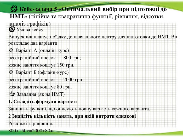 🧩 Кейс-задача 5 «Оптимальний вибір при підготовці до НМТ» (лінійна та квадратична функції, рівняння, відсотки, аналіз графіків)🎯 Умова кейсу. Випускник планує поїздку до навчального центру для підготовки до НМТ. Він розглядає два варіанти.🔹 Варіант А (онлайн-курс)реєстраційний внесок — 800 грн;кожне заняття коштує 150 грн.🔹 Варіант Б (офлайн-курс)реєстраційний внесок — 2000 грн;кожне заняття коштує 80 грн.🧠 Завдання (як на НМТ)1. Складіть формули вартостіЗапишіть функції, що описують повну вартість кожного варіанта.2 Знайдіть кількість занять, при якій витрати однаковіРозв’яжіть рівняння:800+150𝑥=2000+80𝑥