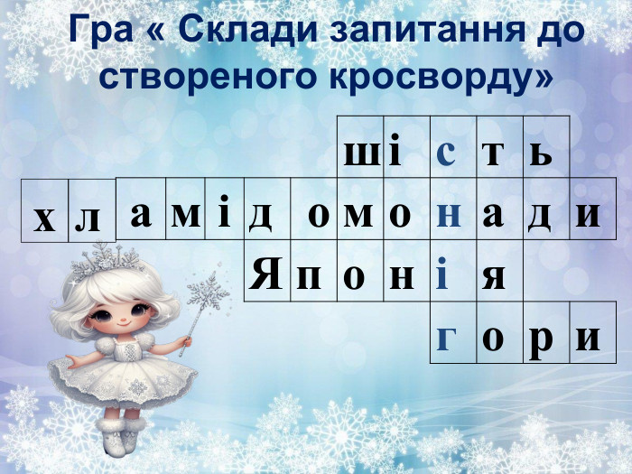 Гра « Склади запитання до створеного кросворду» шістьамід омонади. Японія горихл