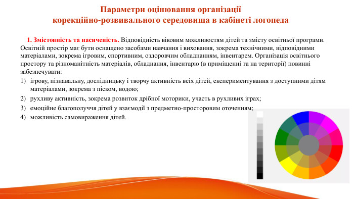  Параметри оцінювання організації корекційно-розвивального середовища в кабінеті логопеда 1. Змістовність та насиченість. Відповідність віковим можливостям дітей та змісту освітньої програми. Освітній простір має бути оснащено засобами навчання і виховання, зокрема технічними, відповідними матеріалами, зокрема ігровим, спортивним, оздоровчим обладнанням, інвентарем. Організація освітнього простору та різноманітність матеріалів, обладнання, інвентарю (в приміщенні та на території) повинні забезпечувати:ігрову, пізнавальну, дослідницьку і творчу активність всіх дітей, експериментування з доступними дітям матеріалами, зокрема з піском, водою;рухливу активність, зокрема розвиток дрібної моторики, участь в рухливих іграх;емоційне благополуччя дітей у взаємодії з предметно-просторовим оточенням;можливість самовираження дітей.