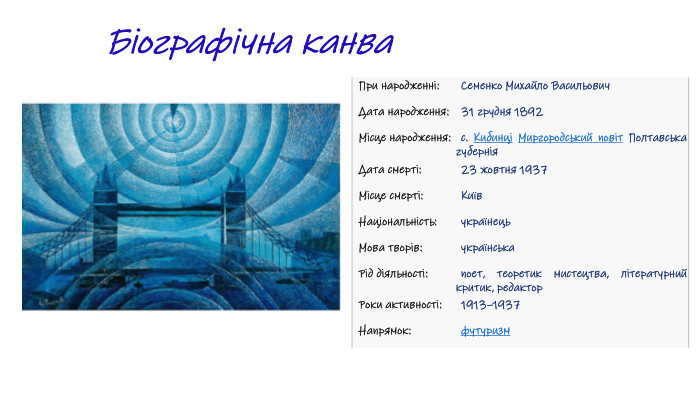 Біографічна канва. При народженні: Семенко Михайло Васильович. Дата народження:31 грудня 1892 Місце народження:с. Кибинці Миргородський повіт Полтавська губернія. Дата смерті:23 жовтня 1937 Місце смерті: Київ. Національність:українець. Мова творів:українська Рід діяльності:поет, теоретик мистецтва, літературний критик, редактор. Роки активності:1913–1937 Напрямок:футуризм