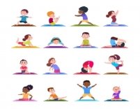 Дети в позах йоги. мультфильм фитнес дети в йоге асаны. набор символов |  Премиум векторы