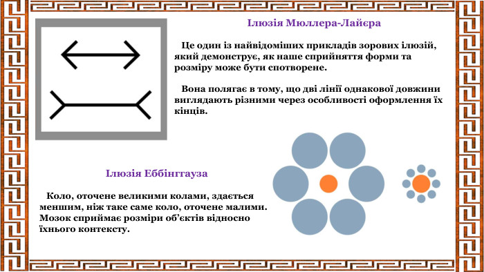  Ілюзія Мюллера-Лайєра  Це один із найвідоміших прикладів зорових ілюзій, який демонструє, як наше сприйняття форми та розміру може бути спотворене. Вона полягає в тому, що дві лінії однакової довжини виглядають різними через особливості оформлення їх кінців. Ілюзія Еббінггауза Коло, оточене великими колами, здається меншим, ніж таке саме коло, оточене малими. Мозок сприймає розміри об’єктів відносно їхнього контексту.