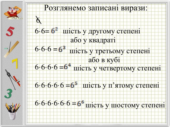 Розглянемо записані вирази:   шість у другому степені     або у квадраті шість у третьому степені           або в кубі шість у четвертому степені   шість у п’ятому степені шість у шостому степені 6 