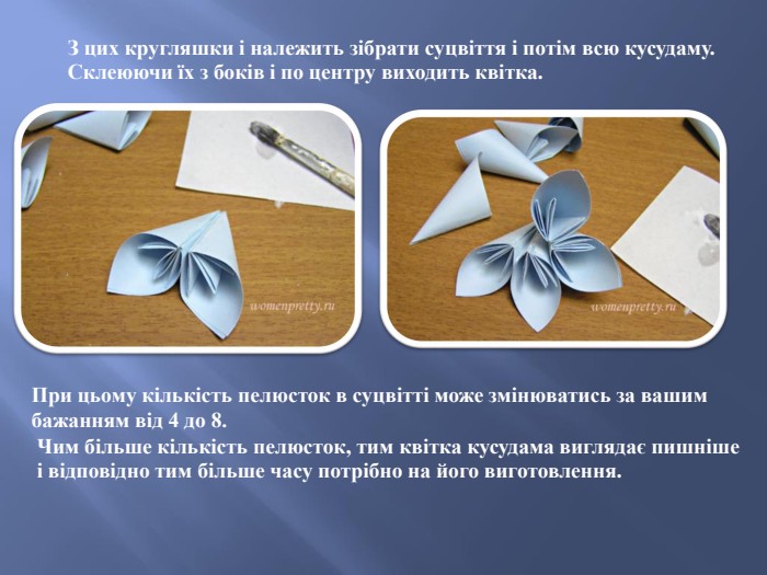 З цих кругляшки і належить зібрати суцвіття і потім всю кусудаму. Склеюючи їх з боків і по центру виходить квітка. При цьому кількість пелюсток в суцвітті може змінюватись за вашим бажанням від 4 до 8. Чим більше кількість пелюсток, тим квітка кусудама виглядає пишніше і відповідно тим більше часу потрібно на його виготовлення.