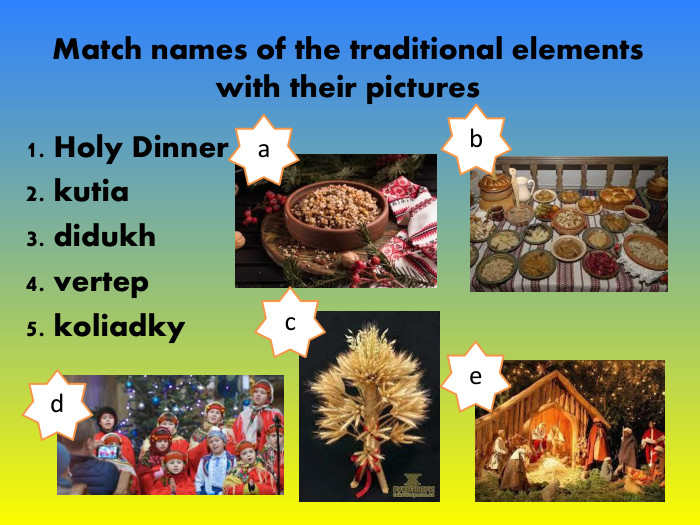 Match names of the traditional elements with their pictures  a b d e c 