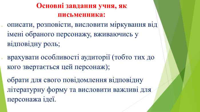 Основні завдання учня, як письменника:описати, розповісти, висловити міркування від імені обраного персонажу, вживаючись у відповідну роль;врахувати особливості аудиторії (тобто тих до кого звертається цей персонаж);обрати для свого повідомлення відповідну літературну форму та висловити важливі для персонажа ідеї.