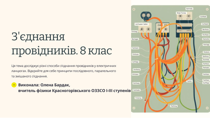 З'єднання провідників. 8 клас. Ця тема досліджує різні способи з'єднання провідників у електричних ланцюгах. Відкрийте для себе принципи послідовного, паралельного та змішаного з'єднання. ОБВиконала: Олена Бардак, вчитель фізики Красногорівського ОЗЗСО І-ІІІ ступенів