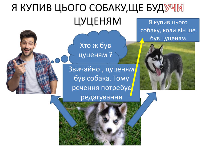 Я КУПИВ ЦЬОГО СОБАКУ,ЩЕ БУДУЧИ ЦУЦЕНЯМХто ж був цуценям ?Звичайно , цуценям був собака. Тому речення потребує редагування. Я купив цього собаку, коли він ще був цуценям 