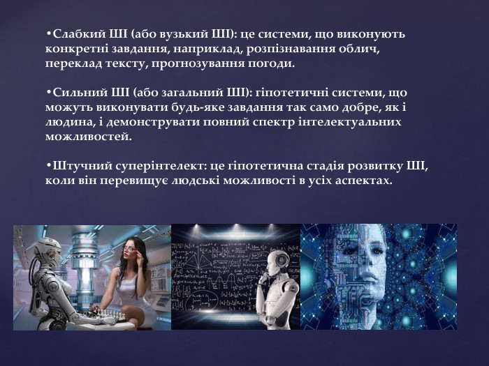 •Слабкий ШІ (або вузький ШІ): це системи, що виконують конкретні завдання, наприклад, розпізнавання облич, переклад тексту, прогнозування погоди.•Сильний ШІ (або загальний ШІ): гіпотетичні системи, що можуть виконувати будь-яке завдання так само добре, як і людина, і демонструвати повний спектр інтелектуальних можливостей.•Штучний суперінтелект: це гіпотетична стадія розвитку ШІ, коли він перевищує людські можливості в усіх аспектах.