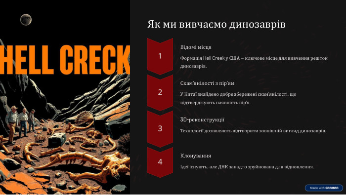 Як ми вивчаємо динозаврів. Відомі місця. Формація Hell Creek у США — ключове місце для вивчення решток динозаврів. Скам'янілості з пір’ям. У Китаї знайдено добре збережені скам’янілості, що підтверджують наявність пір’я.3 D-реконструкціїТехнології дозволяють відтворити зовнішній вигляд динозаврів. КлонуванняІдеї існують, але ДНК занадто зруйнована для відновлення.