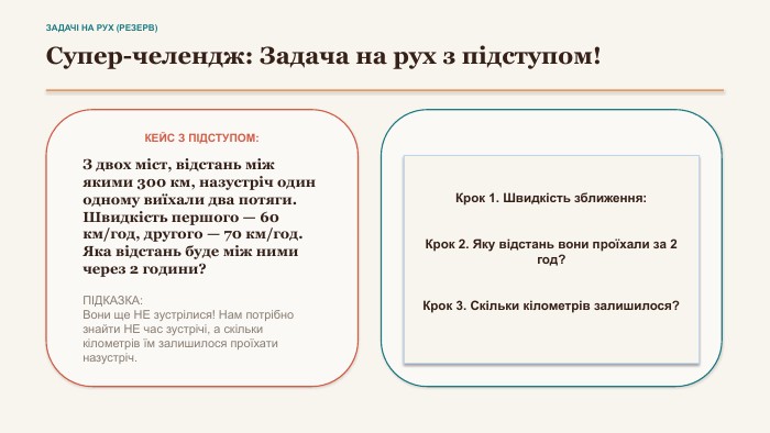 ЗАДАЧІ НА РУХ (РЕЗЕРВ)Супер-челендж: Задача на рух з підступом!КЕЙС З ПІДСТУПОМ: З двох міст, відстань між якими 300 км, назустріч один одному виїхали два потяги. Швидкість першого — 60 км/год, другого — 70 км/год. Яка відстань буде між ними через 2 години?ПІДКАЗКА: Вони ще НЕ зустрілися! Нам потрібно знайти НЕ час зустрічі, а скільки кілометрів їм залишилося проїхати назустріч. МАТЕМАТИЧНА СХЕМА ТА РОЗВ'ЯЗАННЯ: Крок 1. Швидкість зближення: Крок 2. Яку відстань вони проїхали за 2 год?Крок 3. Скільки кілометрів залишилося?